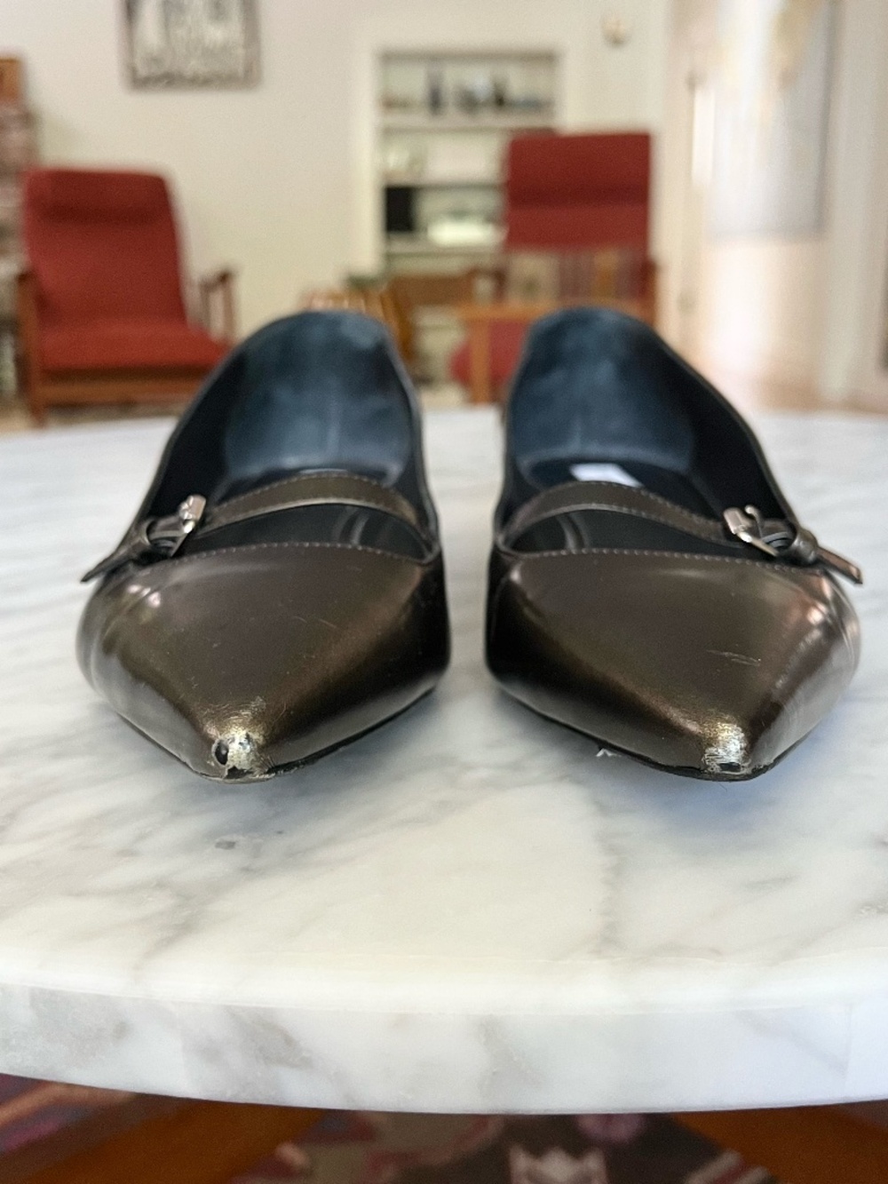 Max Mara Pewter Leather Pointed Toe Mary Jane Flats EU 39.5 - Picture 7 of 9